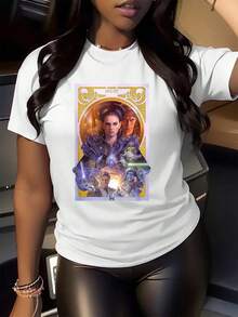 Artistic Illustration With Galactic Characters Surrounded By Mystical Lights And Golden Symbols That Evoke Strength And Inner Wisdom. Comfortable And Breathable Women's T-Shirt, Ideal For Everyday Wear And Showcasing Unique Style. - 白色 - 查看 2