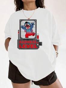 Fun Graphic Showing A Smiling Blue Character Raising Its Mischievous Level With Positive Energy, Indicating The Duality Between Good And Evil, Symbolizing Freedom And Modern Humor. Comfortable Casual Women's T-Shirt For Everyday Wear. - White - View 6