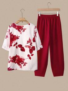 2 piezas Conjunto de top y pantalones casuales estampados para mujer - Rojo - Ver 3