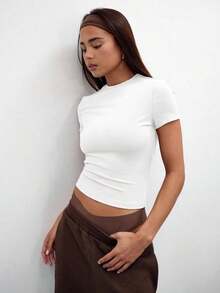 Camiseta casual de manga corta con efecto ceñido para vacaciones, aeropuerto, vuelta al cole, elegante para primavera y verano - Blanco - Ver 2