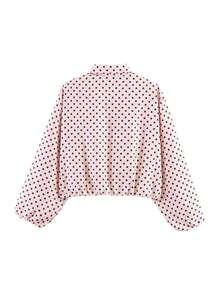 Chaqueta con bolsillo con cremallera de lunares rosas para mujer - Abrigo casual suelto con solapa para primavera/otoño - Rosa 2 - Ver 4