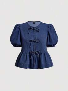Camisa de cuello redondo, blusa azul de denim vintage con mangas abullonadas, camisa con lazo, regreso a la escuela, otoño, crucero para mujeres, blusas de mujer, blusa de otoño, camisa de burbujas, camisa con lazo, camisa escolar, camisa azul c - Azul lavado oscuro - Ver 4