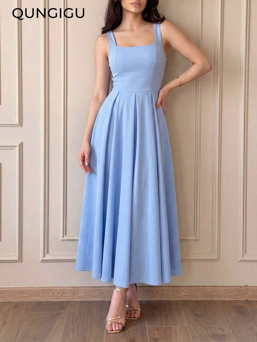 QUNGIGU Đầm nữ cổ vuông xếp ly, đầm không tay thanh lịch, thích hợp cho các buổi hẹn hò, lễ tốt nghiệp, đám cưới, mùa hè. - Màu xanh nhạt - Xem 1