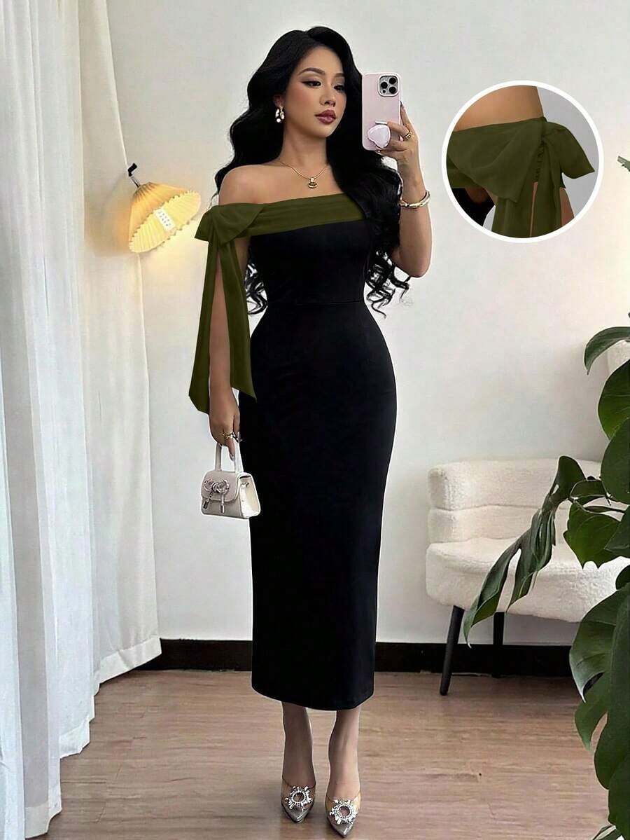 Vestido largo elegante con hombros descubiertos y decoración de lazo - Multicolor 2 - Ver 1