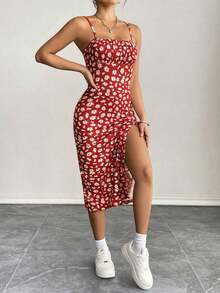 Vestido ajustado para mujer con tirantes de espagueti y abertura lateral con estampado floral diminuto - Rojo - Ver 2