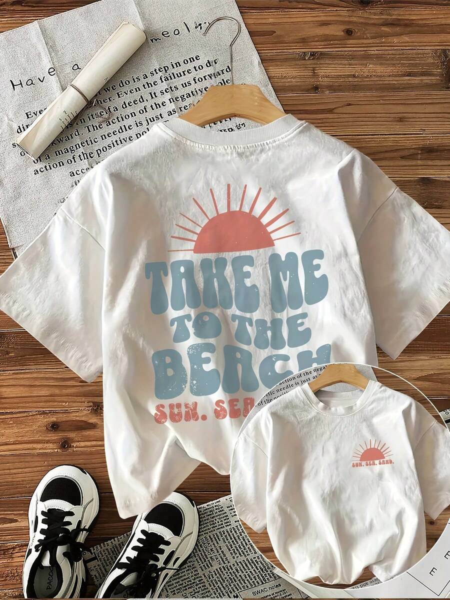 [Imágenes Frontales y Traseras] Camiseta de Manga Corta con Cuello Redondo para Mujer - Estampado de Sol "Llévame a la Playa", Blusa Casual Blanca de Verano, Lavable a Máquina para Comodidad en Todas las Estaciones, Camiseta de Playa de Corte Holgado, Camiseta con Estampado Divertido - Blanco - Ver 1
