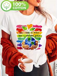 Earth Day Print T-Shirt, Casual Short Sleeve Crew Neck Top For Summer And Spring, Women's Clothing - [白色的] - 查看 2