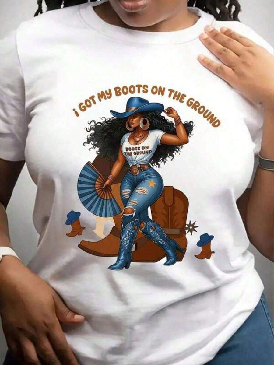 1 Piece Women's Vintage Graphic Cowboy Style T-Shirt - Cowgirl Boot Design With Boots On The Floor Slogan, Regular Fit Casual T-Shirt, Soft & Breathable For Celebrations & Casual Outfits, Retro, 180g, 100% Cotton. - 白色 - 查看 1