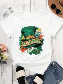 1 Piece Of Women's Round Neck T-Shirt With Green Hat And Shamrock Print For St. Patrick's Day, Short Sleeve For St. Patrick's Day Celebration, 180g, 100% Cotton. - 白色 - 查看 3