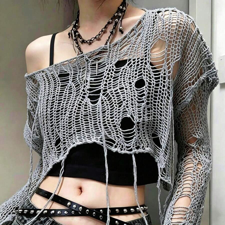 Suéter de punto Grunge con cuello oblicuo para mujer, jersey rasgado con agujeros, Top corto Harajuku, jerséis sexys calados para verano que combinan con todo - Gris - Ver 1