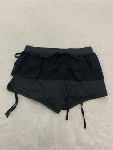 Novedad de verano, encaje de hoja de loto, color sólido, adelgazante, flor para mujer, lazo, banda elástica, pastel, falda floral dulce, pantalones para mujer Y2K emo - Negro - Ver 3