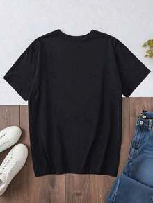 Short-Sleeved T-Shirt With A Cartoon Puppy Print, Loose And Casual Fit, Suitable For School, Holidays And Shopping Outfits, Back To School, Suitable For Both Men And Women, Street Style, Suitable For School, Holidays, Shopping, Sports And Other Occasions - 黑色 - 查看 4