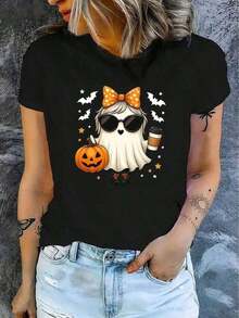 Women's Casual Short Sleeve Halloween T-Shirt, 1 Piece, 100% Heavy Cotton - Comfortable Round Neck, Soft And Adorable Loose And Comfortable T-Shirts - 黑色 - 查看 3