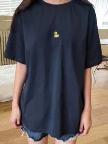 Camiseta oversize de verano con bordado de pato y escote de hombros caídos - Azul marino - Ver 3