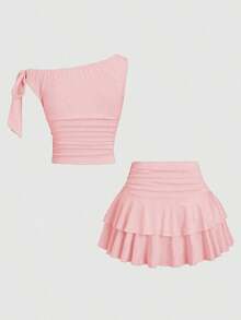 Conjunto de top de tirantes y minifalda plisada y con decoración de flores metálicas para mujer, ideal para el verano - Rosa vieja - Ver 2