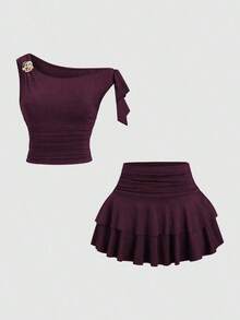 Conjunto de top de tirantes y minifalda plisada y con decoración de flores metálicas para mujer, ideal para el verano - Rojo violeta - Ver 1