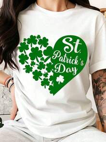 Women's T-Shirt With Shamrock And Heart Print For St. Patrick's Day, Casual Green T-Shirt With Lucky Shamrock Print For Irish Festival Celebration And St. Patrick's Day Party - 白色 - 查看 1