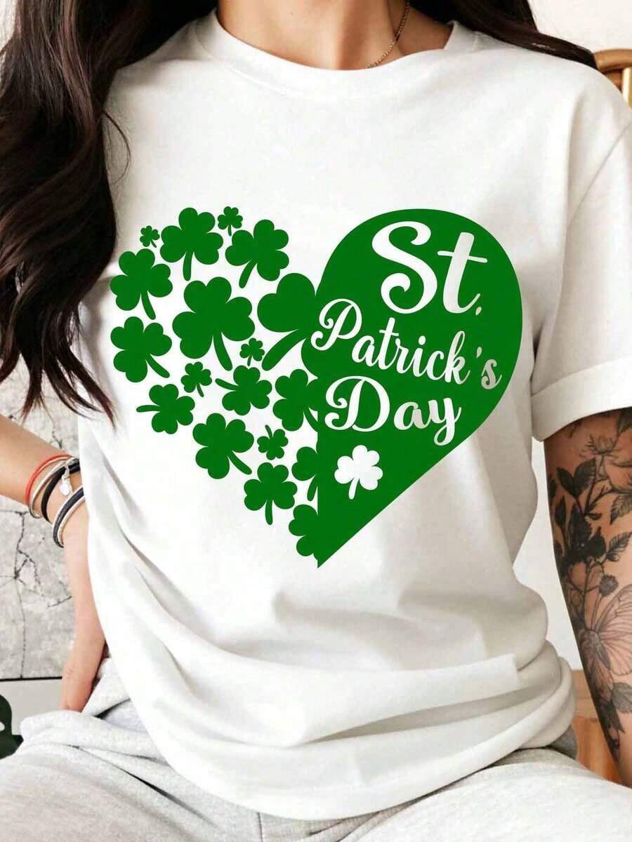 Women's T-Shirt With Shamrock And Heart Print For St. Patrick's Day, Casual Green T-Shirt With Lucky Shamrock Print For Irish Festival Celebration And St. Patrick's Day Party - 白色 - 查看 1