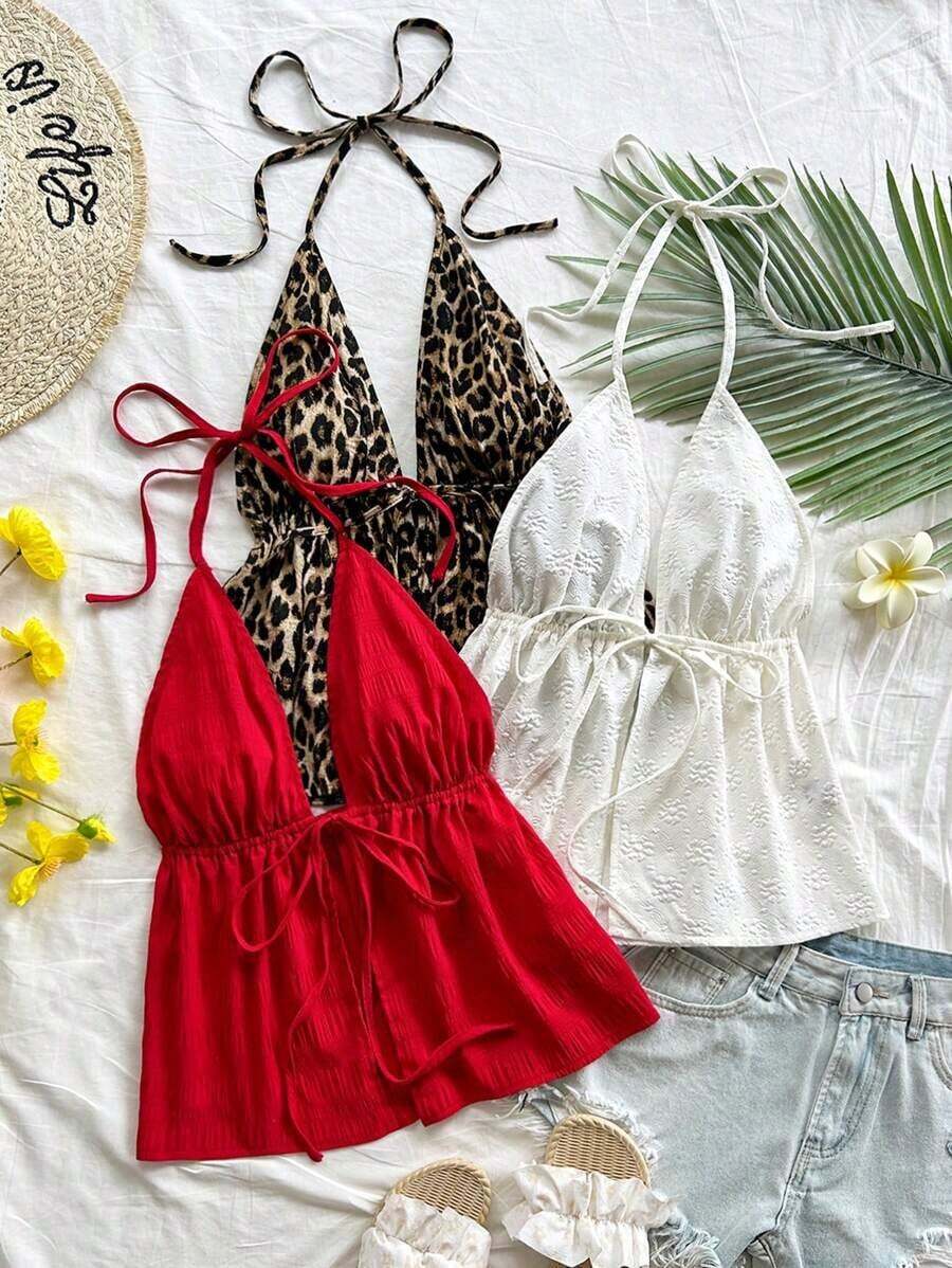 Camiseta de tirantes finos con estampado de leopardo, lazo y espalda descubierta, elegante y bohemia, ideal para ocasiones casuales, vacaciones, boda en la playa, graduación, brunch, Día de San Patricio, vacaciones de primavera y Pascua - Multicolor - Ver 1