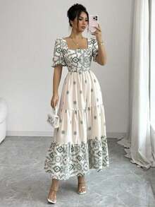 Vestido de línea A con cintura ceñida, cuello cuadrado y estampado, elegante para vacaciones, uso diario, de manga corta - Verde - Ver 1