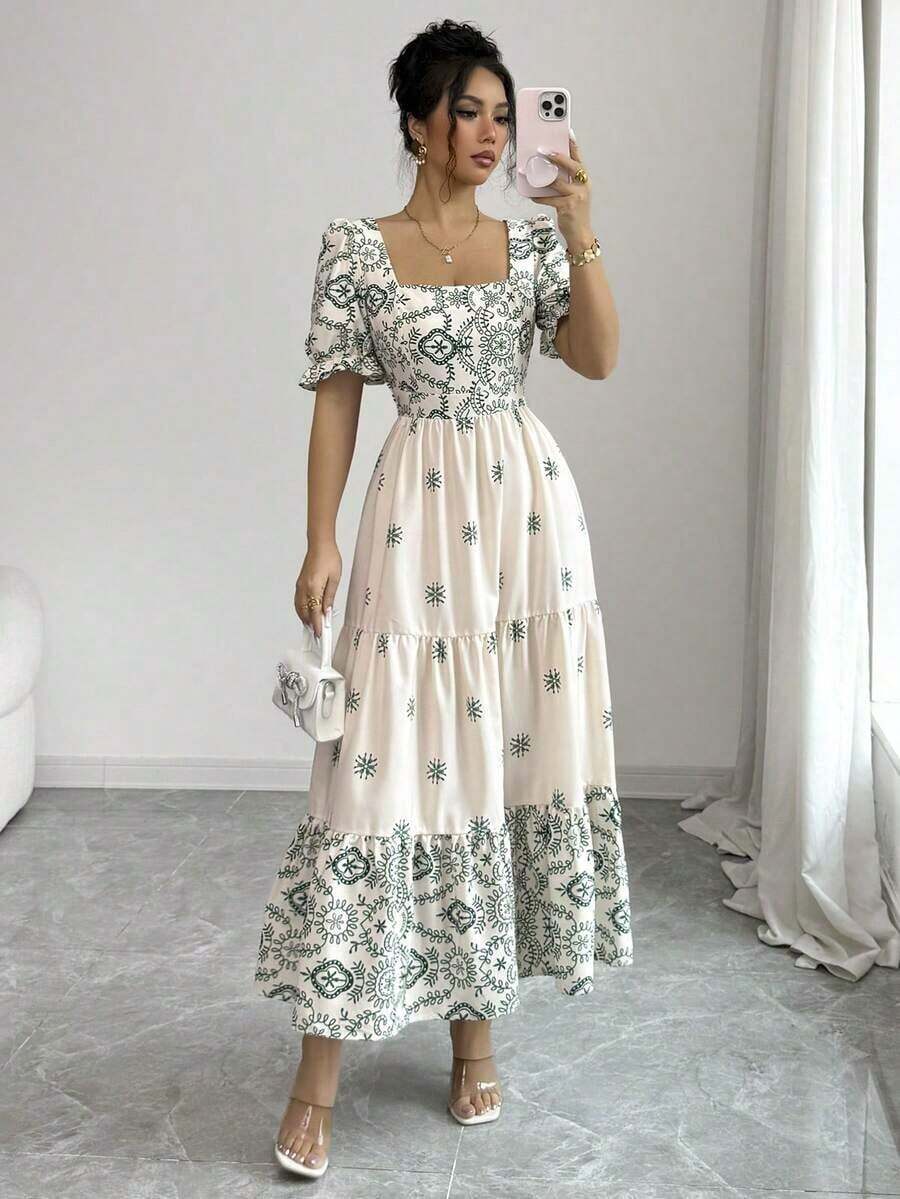 Vestido de línea A con cintura ceñida, cuello cuadrado y estampado, elegante para vacaciones, uso diario, de manga corta - Verde - Ver 1