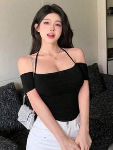 1 pieza Camiseta de manga corta ajustada con cuello anudado y hombros descubiertos para salidas de verano, Crop Tops para mujeres - Negro - Ver 3