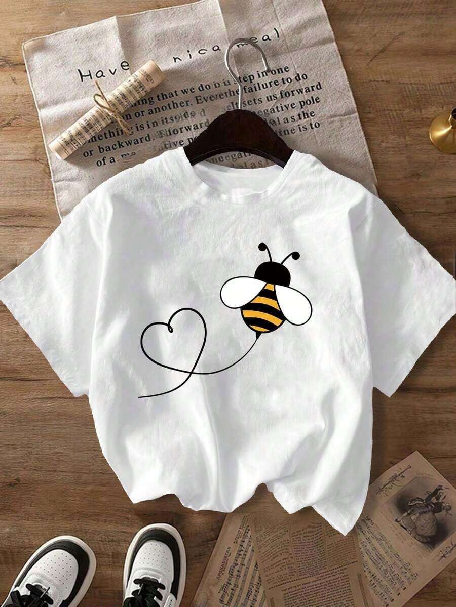 Plus Size Women's Fashion Casual Sports T-Shirt - Cute Heart Print, Suitable For All Seasons, Sports T-Shirt, Fun Print Top, Comfortable Fit, Women's T-Shirt - 白色的 - 查看 1