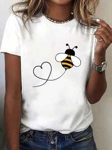 Plus Size Women's Fashion Casual Sports T-Shirt - Cute Heart Print, Suitable For All Seasons, Sports T-Shirt, Fun Print Top, Comfortable Fit, Women's T-Shirt - 白色的 - 查看 3