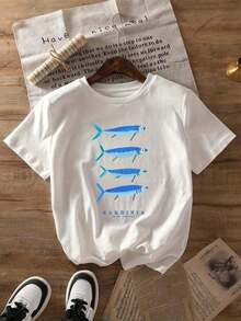 Camiseta de Verano con Estampado Gráfico de Sardinas, Manga Corta, Cuello Redondo, Top Casual para Mujer, Ropa de Verano y Primavera, Ropa de Mujer - Estilo - Ver 2