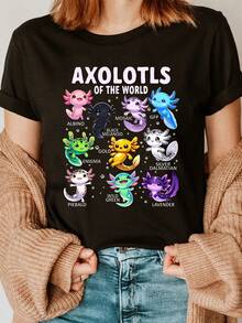 Camiseta de Axolote para Mujeres del Mundo, 100% Cuello Redondo de Manga Corta, Top Casual con Diseño de Anime para Todas las Temporadas, Camiseta de Tejido Regular - Negro - Ver 1
