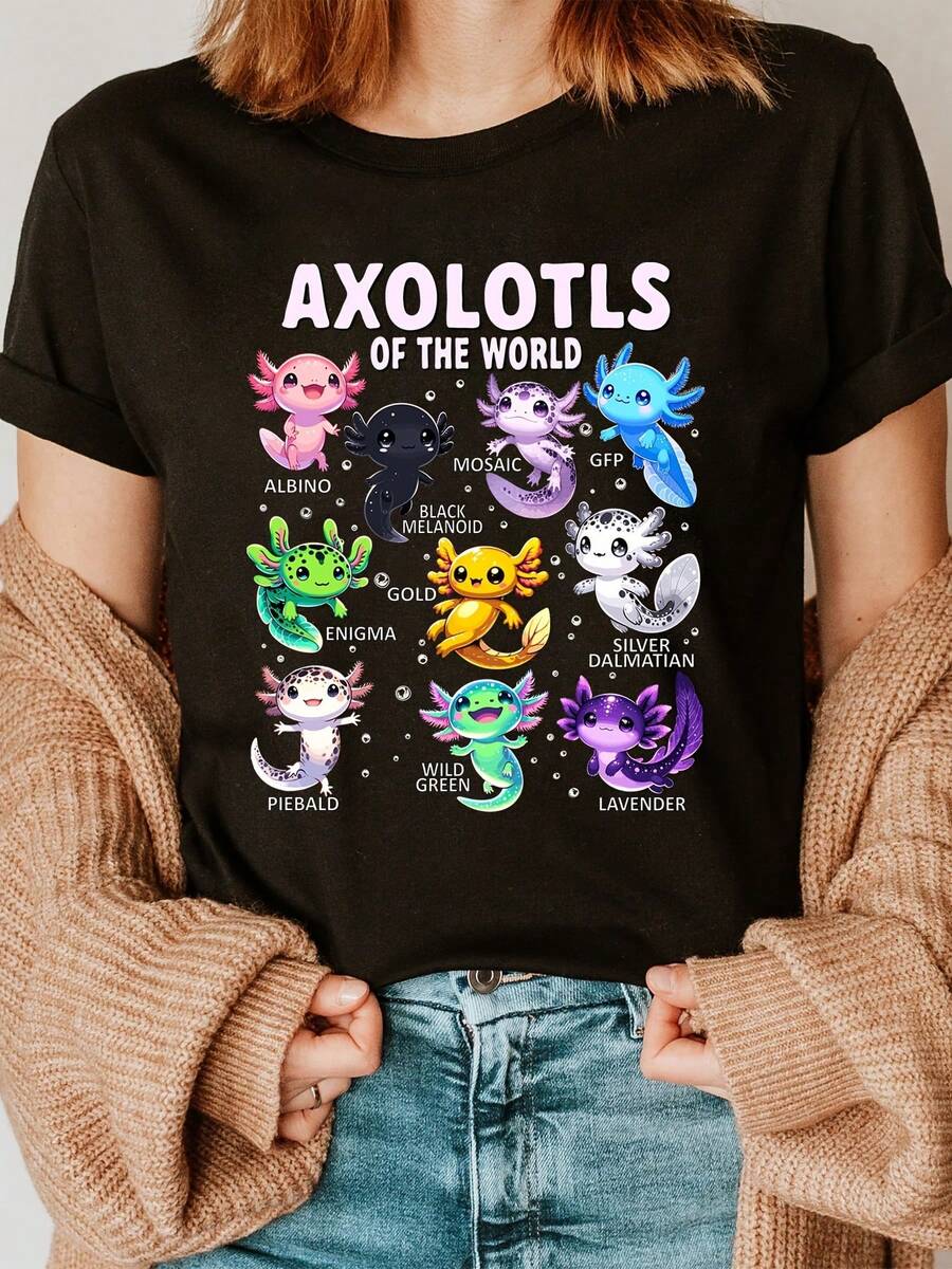 Camiseta de Axolote para Mujeres del Mundo, 100% Cuello Redondo de Manga Corta, Top Casual con Diseño de Anime para Todas las Temporadas, Camiseta de Tejido Regular - Negro - Ver 1