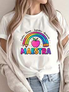 Women's Casual Graphic T-Shirt 'Teacher' - Colorful Rainbow And Apple Design, Short Sleeve Crew Neck, Soft Polyester Blend, Ideal For Spring/Summer, Women's T-Shirts - 白色 - 查看 1