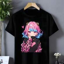 Camiseta de cuello redondo de las niñas, casual y cómodo, tee - Negro - Ver 1