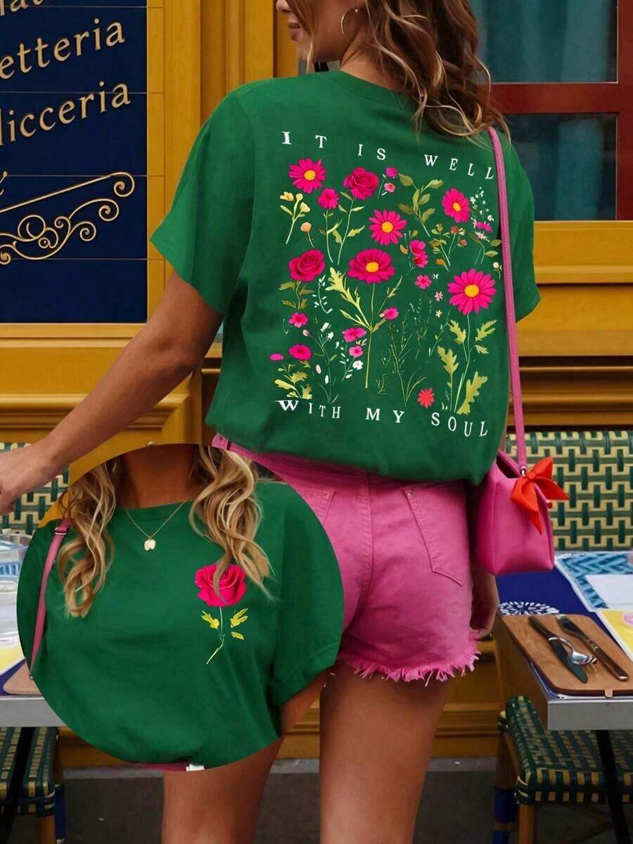 Camiseta casual minimalista para mujer, camiseta de manga corta con estampado gráfico de estilo urbano casual, top de verano lindo con estampado de flores, camisetas lindas para mujer, tops de verano para mujer, camisetas para mujer, tops de verano para mujer, camiseta linda que combina bien con mi alma, camiseta corta para mujer - Estilo callejero vintage, unisex, holgada, de algodón, de manga corta, con cuello redondo, blusas para mujer. blusas.blusas casuales para dama. - Verde - Ver 1