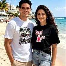 2-Piece Couple Matching Pattern T-Shirt, 100% Cotton, Loose Fit, Soft And Breathable, Casual Round Neck Short Sleeved Top Dreams Gasoline Truck Cat Pattern Versatile Patterns No Picky Combinations Coordinated Dating Casual Travel Simple And Cartoonish Printing Styles High Cost-Effectiveness Couple - 白色 - 查看 1