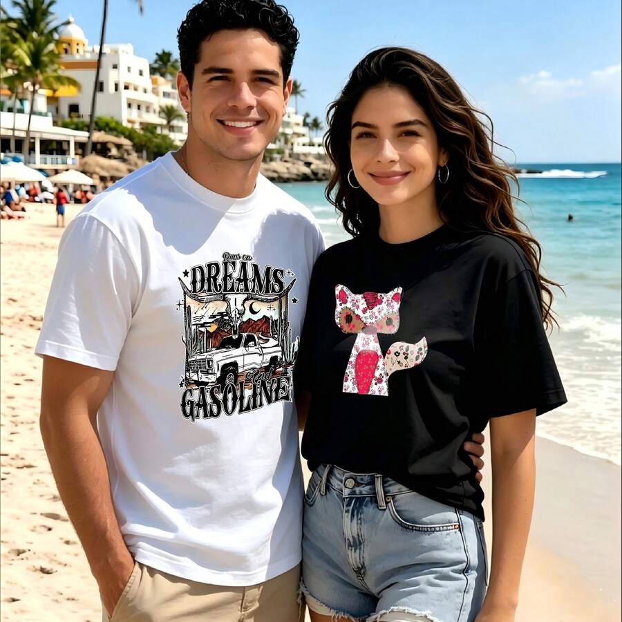 2-Piece Couple Matching Pattern T-Shirt, 100% Cotton, Loose Fit, Soft And Breathable, Casual Round Neck Short Sleeved Top Dreams Gasoline Truck Cat Pattern Versatile Patterns No Picky Combinations Coordinated Dating Casual Travel Simple And Cartoonish Printing Styles High Cost-Effectiveness Couple - 白色 - 查看 1