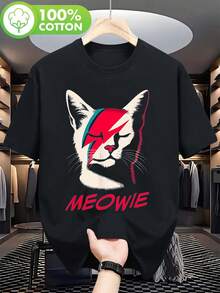 Camiseta Negra para Hombre y Parejas - Camiseta con Gráfico de Gato Inspirado en Bowie con Estampado MEOWIE - Camiseta Suave para el Día a Día para Gimnasio, Senderismo, Fiestas - Top Casual Lavable a Máquina para Amantes de los Gatos, Camiseta de Gato, Senderismo. jpg - Negro - Ver 6
