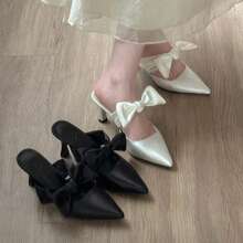 Zapatos de tacón para mujer Zapatos de tacón alto para mujer, nuevo modelo de primavera-verano, francés, con lazo en la puntera, sandalias de tacón para llevar por fuera - Negro - Ver 7