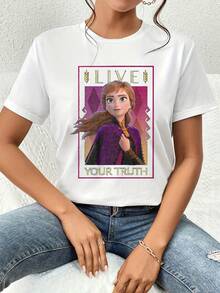 Gráfico con mensaje Live Your Truth" que inspira autenticidad y fuerza interior con tonos púrpura y dorado evocando confianza y libertad camiseta de mujer  casual cómoda para uso diario - Blanco - Ver 6