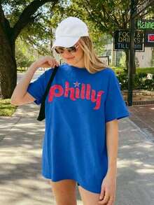 Camiseta de Béisbol Vintage de Filadelfia de Talla Grande Premium: Corte Holgado, 100% Algodón, Camiseta Casual de Manga Corta con Cuello Redondo y Estampado Gráfico para Mujer, Regalo Ecológico para el Día de la Madre o Pascua - Azul - Ver 7