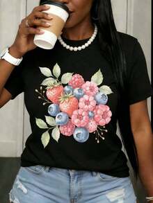 Camiseta Casual Blanca con Estampado de Bayas en Acuarela, Top Casual de Verano para Mujer, Camiseta con Diseño de Frutas, Diseño de Fresa, Arándano y Frambuesa, Camiseta de Algodón Suave, Ropa de Moda Femenina, 100% Algodón, Duradera - Negro - Ver 1
