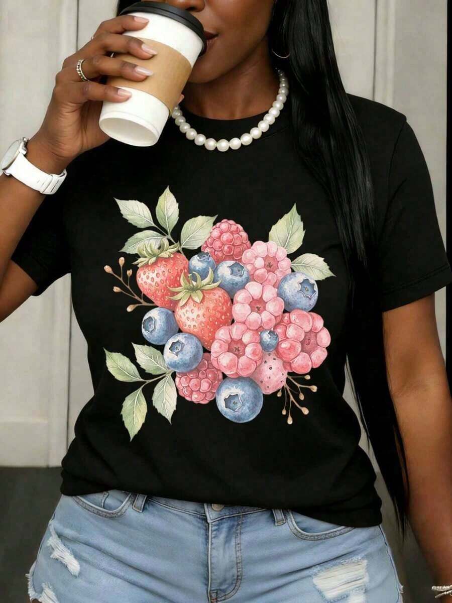 Camiseta Casual Blanca con Estampado de Bayas en Acuarela, Top Casual de Verano para Mujer, Camiseta con Diseño de Frutas, Diseño de Fresa, Arándano y Frambuesa, Camiseta de Algodón Suave, Ropa de Moda Femenina, 100% Algodón, Duradera - Negro - Ver 1