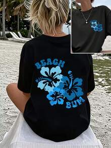 Camiseta de verano con estampado floral BEACH BUN para mujer, camiseta casual de manga corta con cuello redondo para mujer, adecuada para vacaciones y uso diario - Estilo vintage urbano, camiseta unisex de algodón suelto de manga corta con cuello redondo, blusas para mujer. blusas.blusas casuales para dama. - Negro - Ver 6