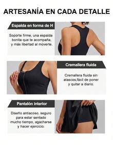 Vestido de Tenis Blanco para Mujer, con Cierre Frontal, Copas Incorporadas y Ropa Interior Anti-Rasgaduras, Secado Rápido para Deporte y Casual - Negro - Ver 6