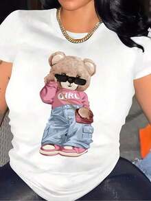 1 pieza de ropa para mujer: camiseta blanca con estampado de oso lindo, camisetas, top blanco, camisetas gráficas para mujer, camiseta unisex casual de cuello redondo, tela de punto ligera de 220 g/m², lavable a máquina, para primavera/verano/otoño, Día de San Valentín, Pascua, Día de la Madre. - Blanco - Ver 7