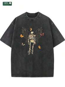 1 pcs1PC Men's Gothic Fairycore T-Shirt - Skeleton Fairy & Butterfly Graphic Print, Soft Breathable Washed Cotton Tee, Relaxed Fit Crew Neck Short Sleeve Shirt For Grunge Style, Casual Casual Attire Summer Tops Summer Clothes Shirts Summer Graphic Tees Women T Shirts Summer Outfits For Women Vacation Outfits Women  Tropicoqueta Outfits Tropical Outfits For Women  Tops Women Tropical Outfits For Women  Tops T Shirts Women Summer Top Graphic Tees Women 4th Of July Outfit Women180g Algodón 100% - Negro - Ver 8