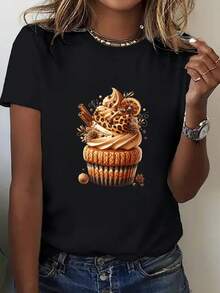 Talla - Camiseta para mujer - Suave camiseta casual de uso diario con gráfico de cupcakes, ajuste holgado para fiestas de cumpleaños, atuendos diarios y atuendos de primavera/verano - Tejido no transparente, camisa fácil de cuidar para mujer, moda de primavera, diseño juguetón, material transpirable, camiseta de manga corta, amantes de - Negro - Ver 1