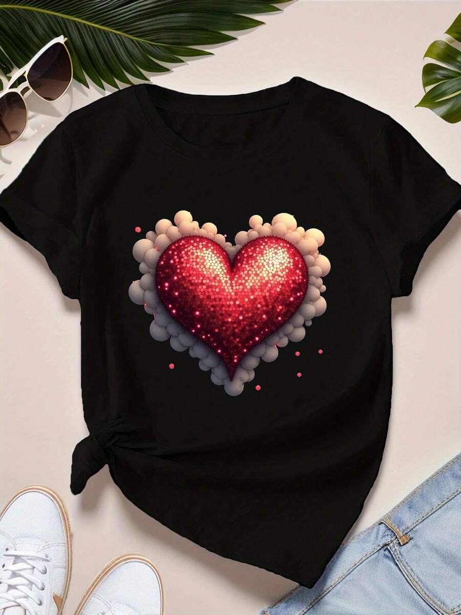 Camiseta Deportiva de Manga Corta con Diseño de Corazón para Mujeres de Talla - Negro - Ver 1