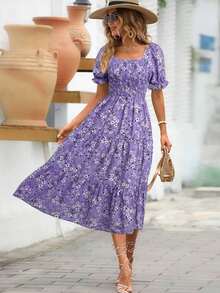 Clasi Vestido de línea A con mangas abullonadas y estampado floral para mujer - Púrpura malva - Ver 5