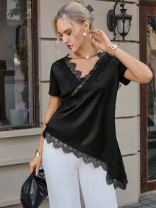 Women's T-Shirt With Ruffled Collar And Lace, Elegant And Fashionable, Suitable For Valentine's Day, Weddings, Holidays, Casual Outings, Parties, With An Asymmetrical Hem And Stretchy Fabric - 黑色 - 查看 3